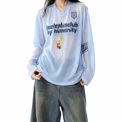REINAREA | Vintage Mesh Jersey Top | Sheer V Neck Long Sleeve T-Shirt | Oversized American Retro Cover Up