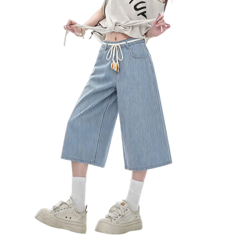 REINAREA | Women Striped Wide Leg Capri Jeans | Drawstring Bead Tassel Waist Loose Cropped Denim Culottes