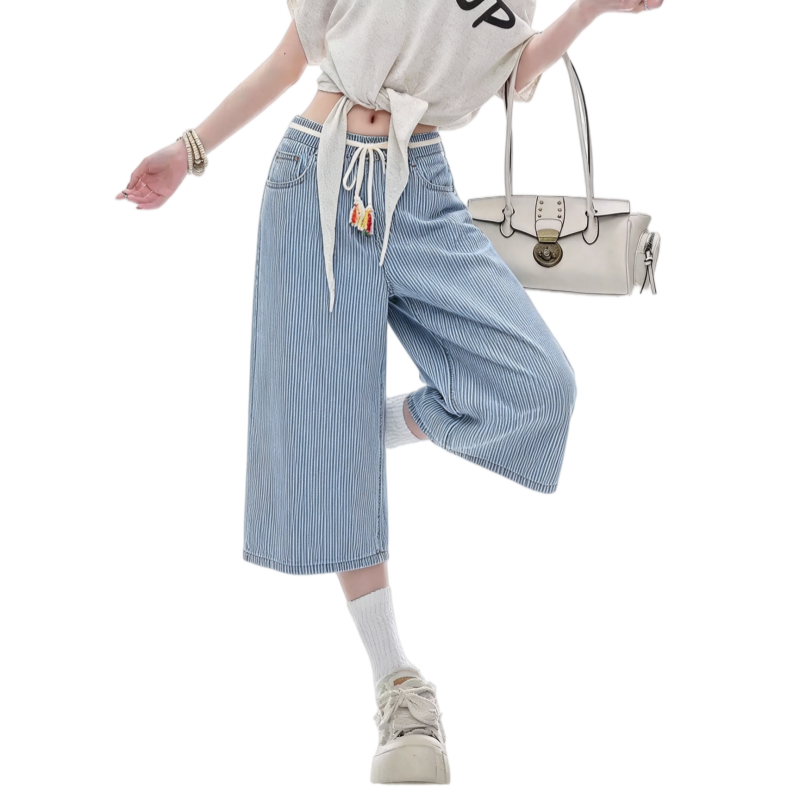 REINAREA | Women Striped Wide Leg Capri Jeans | Drawstring Bead Tassel Waist Loose Cropped Denim Culottes