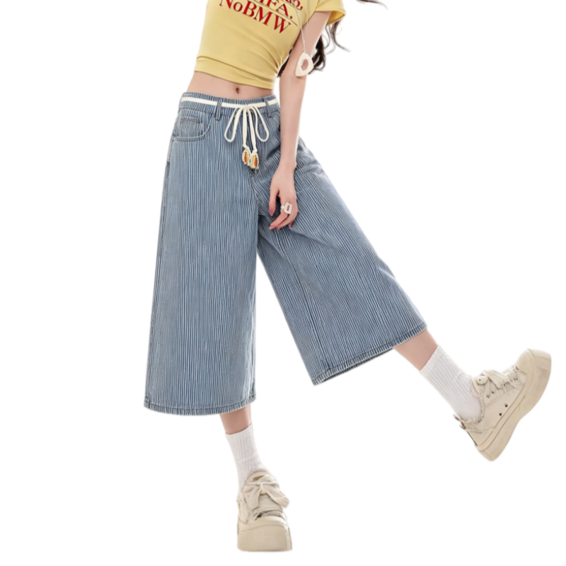 REINAREA | Women Striped Wide Leg Capri Jeans | Drawstring Bead Tassel Waist Loose Cropped Denim Culottes