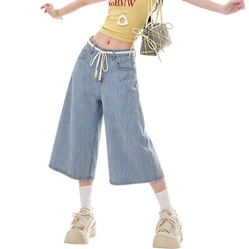 REINAREA | Women Striped Wide Leg Capri Jeans | Drawstring Bead Tassel Waist Loose Cropped Denim Culottes