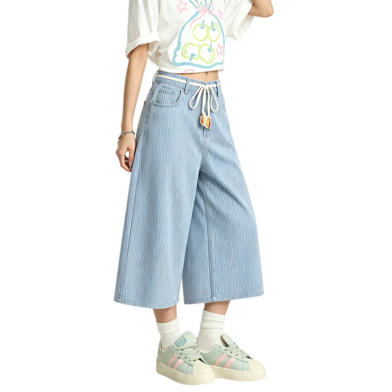 REINAREA | Women Striped Wide Leg Capri Jeans | Drawstring Bead Tassel Waist Loose Cropped Denim Culottes