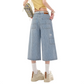 REINAREA | Women Striped Wide Leg Capri Jeans | Drawstring Bead Tassel Waist Loose Cropped Denim Culottes