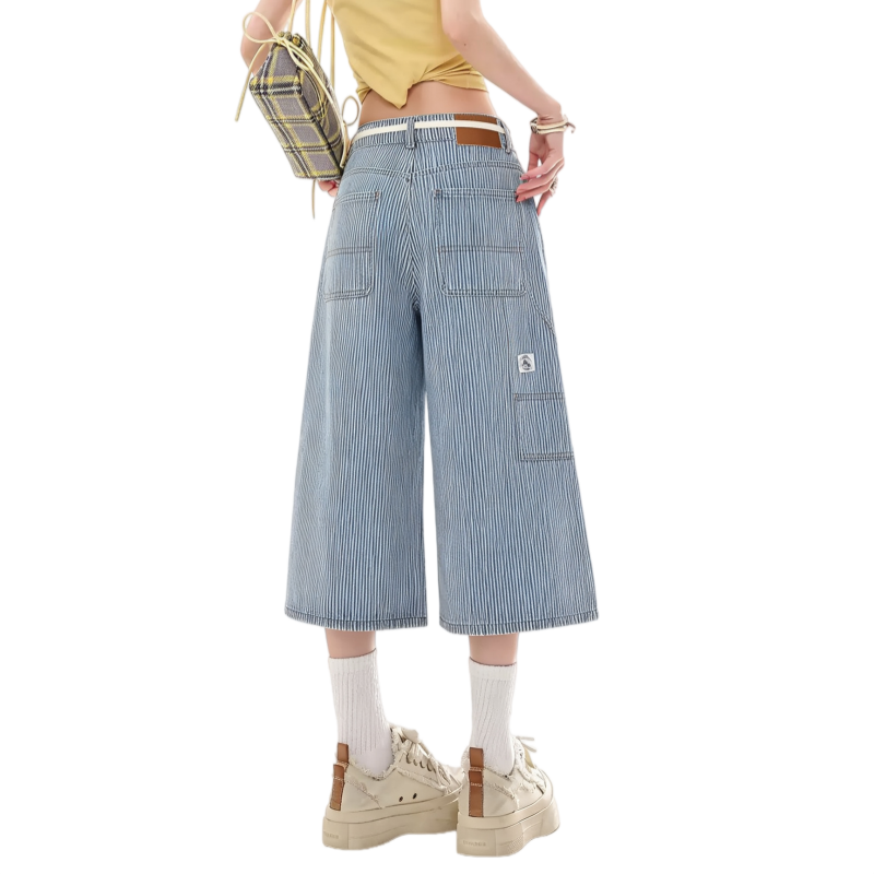 REINAREA | Women Striped Wide Leg Capri Jeans | Drawstring Bead Tassel Waist Loose Cropped Denim Culottes
