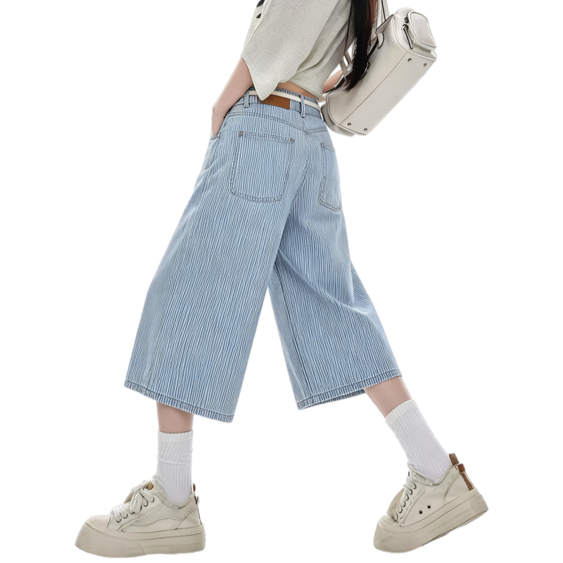 REINAREA | Women Striped Wide Leg Capri Jeans | Drawstring Bead Tassel Waist Loose Cropped Denim Culottes
