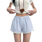 REINAREA | Women Striped Lace Trim Casual Shorts | Elastic Waist Button Front Loose Summer Lounge Shorts