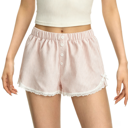 REINAREA | Women Striped Lace Trim Casual Shorts | Elastic Waist Button Front Loose Summer Lounge Shorts