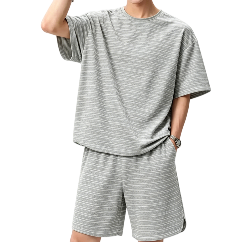 REINAREA | Men's Retro Striped 2 Piece Outfit | Summer Loose Fit Short Sleeve T-Shirt & Shorts Set | Casual Loungewear for Couples