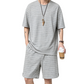 REINAREA | Men's Retro Striped 2 Piece Outfit | Summer Loose Fit Short Sleeve T-Shirt & Shorts Set | Casual Loungewear for Couples