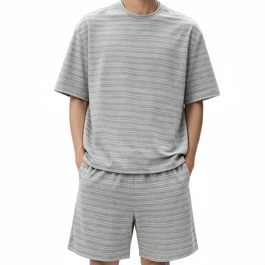 REINAREA | Men's Retro Striped 2 Piece Outfit | Summer Loose Fit Short Sleeve T-Shirt & Shorts Set | Casual Loungewear for Couples