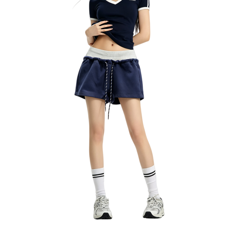 REINAREA | Women Color Block Fake Two Piece Drawstring Shorts | 2026 Summer Y2K Contrast Waistband Casual Hot Pants
