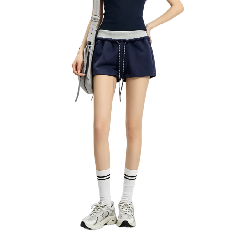 REINAREA | Women Color Block Fake Two Piece Drawstring Shorts | 2026 Summer Y2K Contrast Waistband Casual Hot Pants