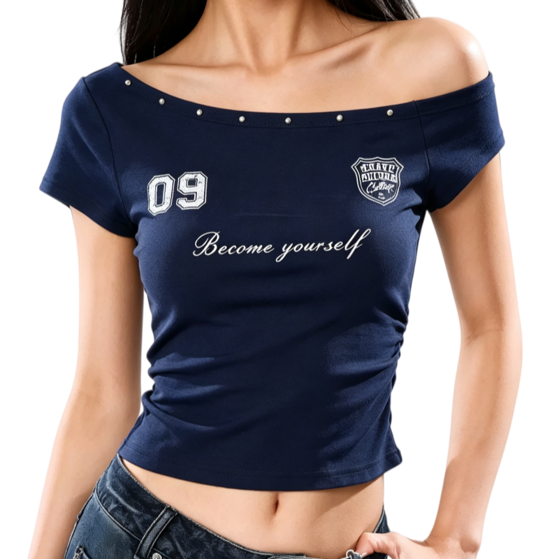 REINAREA |Women Y2K Asymmetric Off Shoulder T-Shirt | Vintage Letter Print Rivet Slim Crop Short Sleeve Top