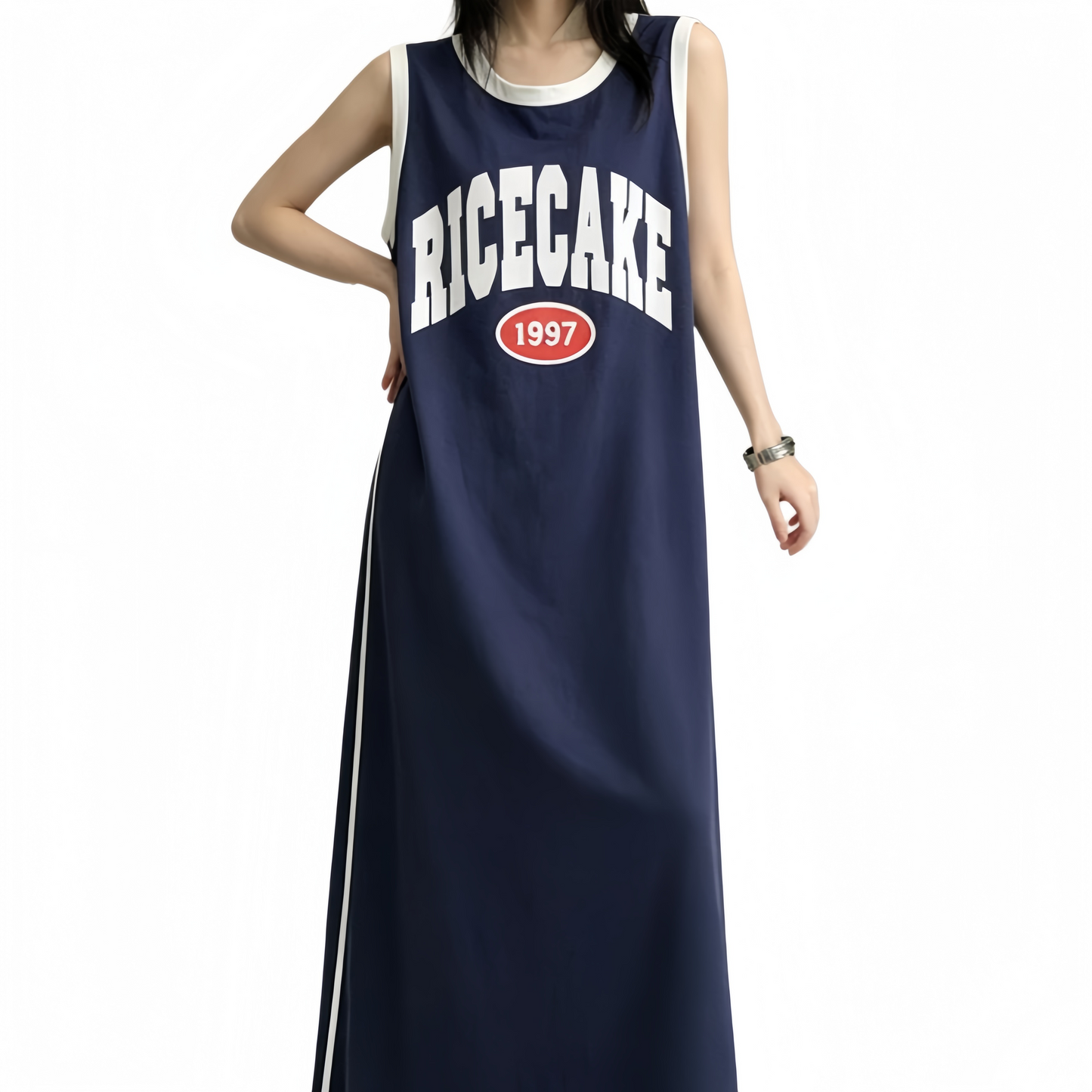 REINAREA | Vintage Basketball Jersey Maxi Dress | Oversized Sleeveless Tank Dress with Pockets | 1997 Retro Casual Summer Dress