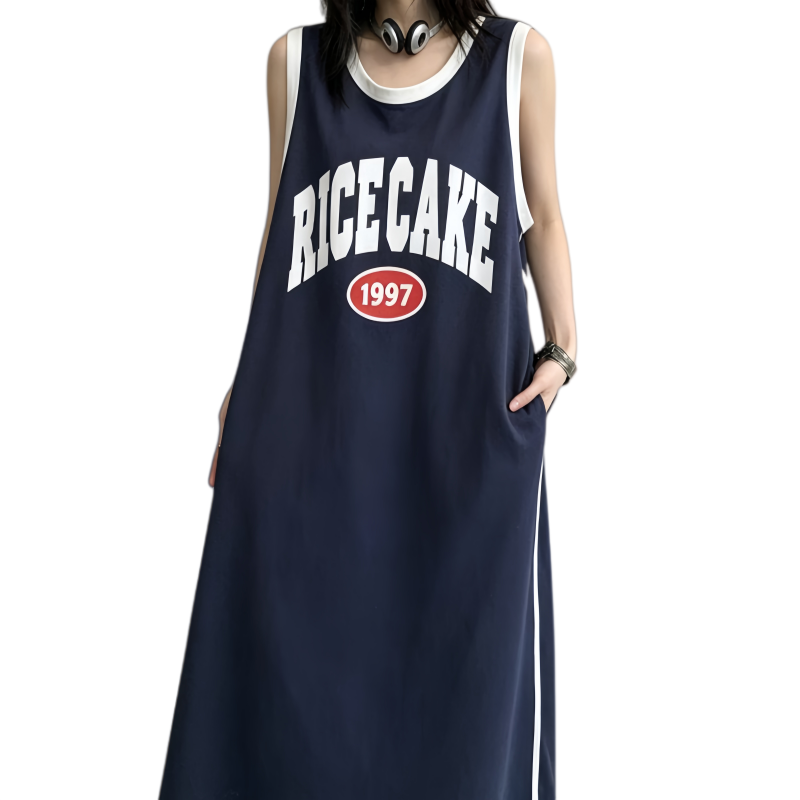 REINAREA | Vintage Basketball Jersey Maxi Dress | Oversized Sleeveless Tank Dress with Pockets | 1997 Retro Casual Summer Dress