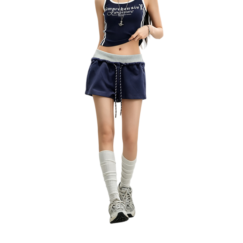 REINAREA | Women Color Block Fake Two Piece Drawstring Shorts | 2026 Summer Y2K Contrast Waistband Casual Hot Pants