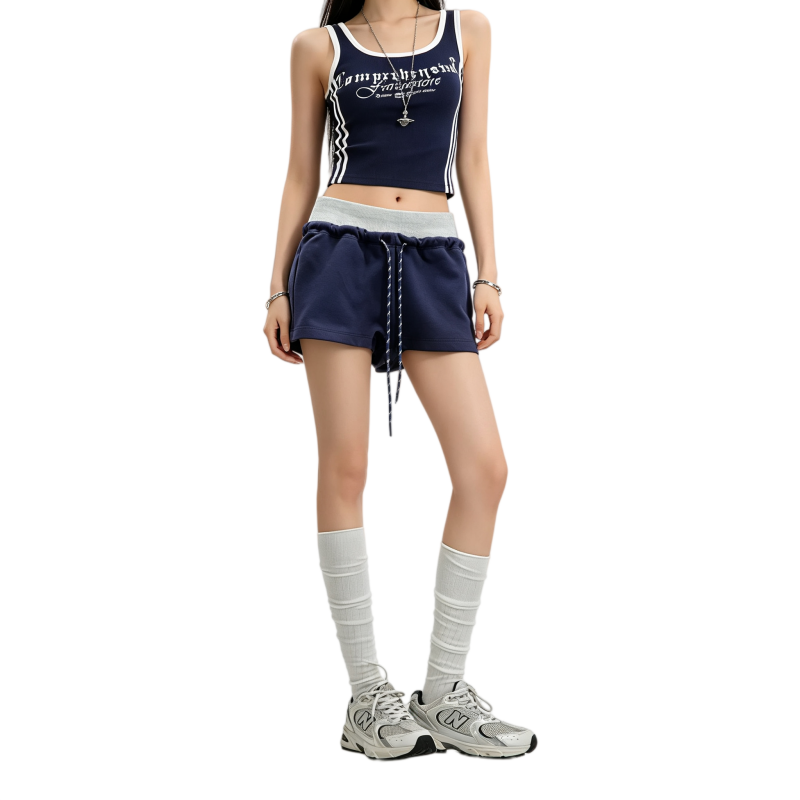REINAREA | Women Color Block Fake Two Piece Drawstring Shorts | 2026 Summer Y2K Contrast Waistband Casual Hot Pants