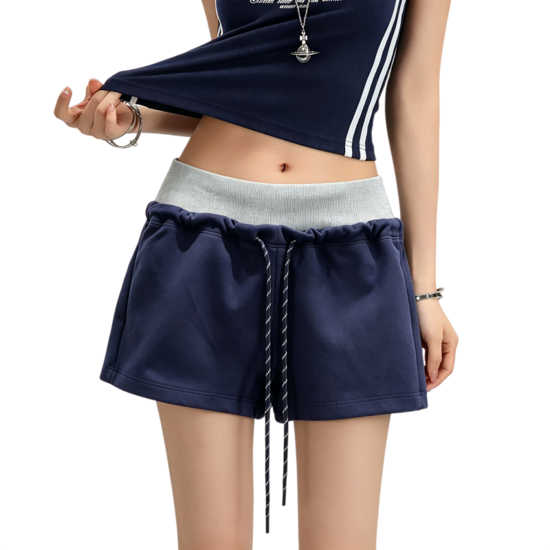 REINAREA | Women Color Block Fake Two Piece Drawstring Shorts | 2026 Summer Y2K Contrast Waistband Casual Hot Pants