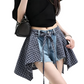 REINAREA | Women Plaid Skirt‑Overlay Denim Shorts | Y2K Raw Hem Tie‑Up Asymmetrical Jean Shorts