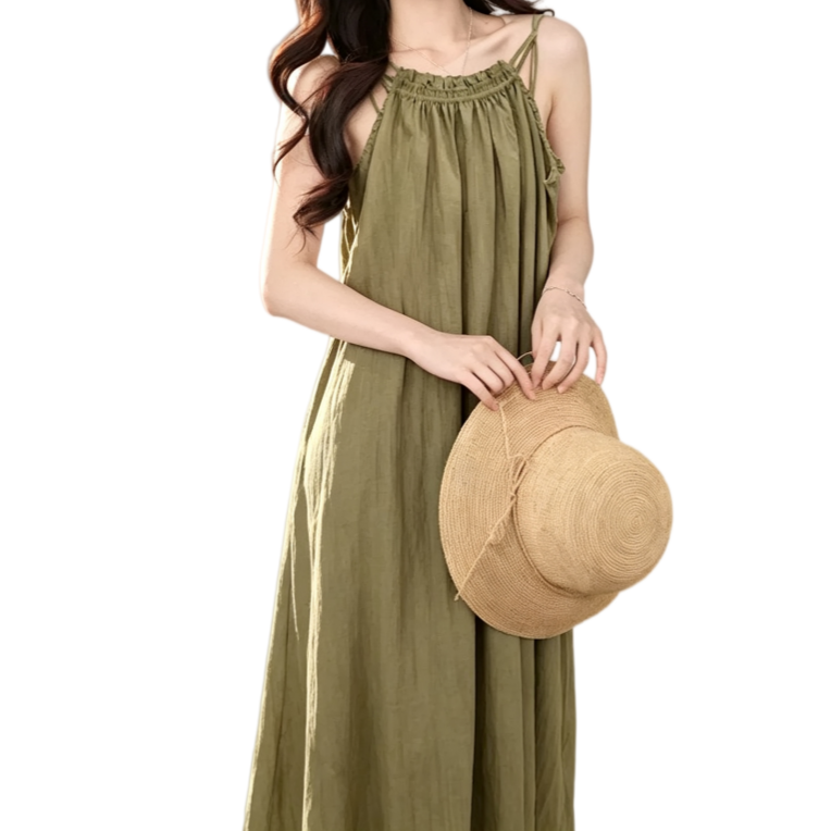 REINAREA | Women's thin spaghetti strap maxi slip dress | ruffled textured flowy vacation long dress
