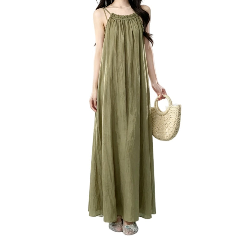 REINAREA | Women's thin spaghetti strap maxi slip dress | ruffled textured flowy vacation long dress