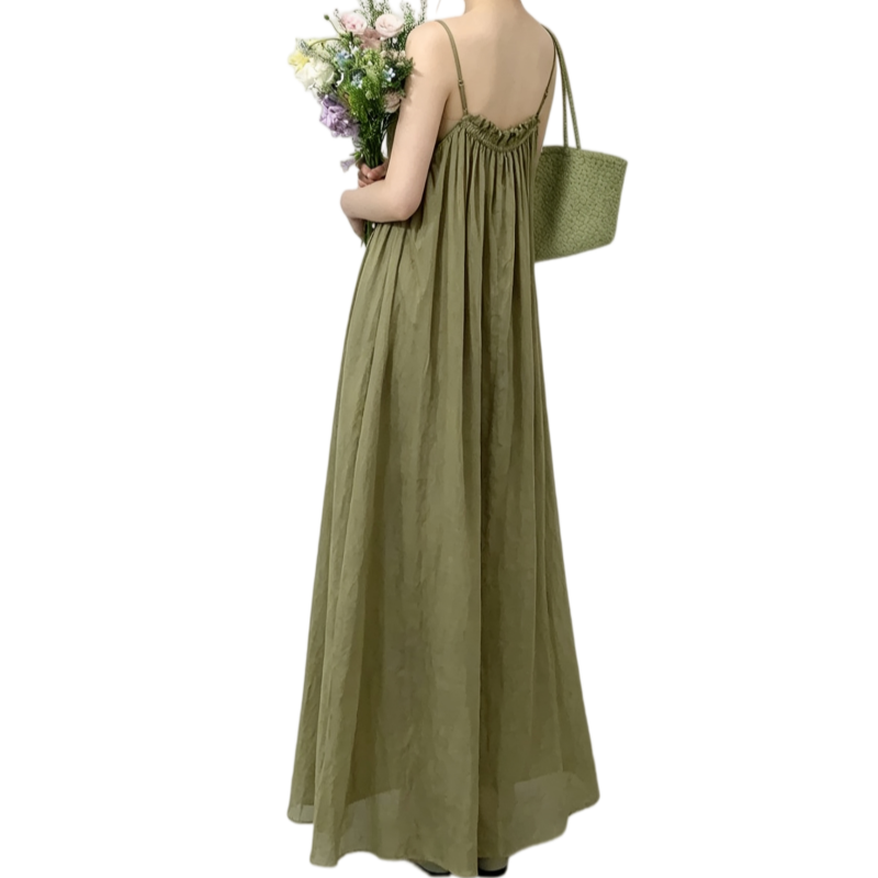REINAREA | Women's thin spaghetti strap maxi slip dress | ruffled textured flowy vacation long dress