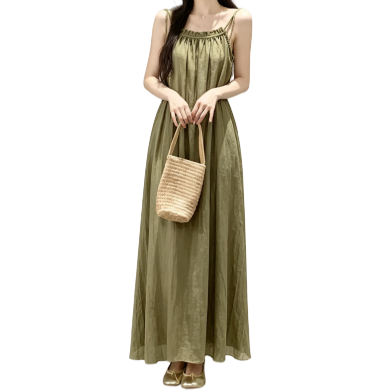 spaghetti strap plain ruffle ruched maxi a-line dress Loragal Spaghetti Strap Cinch Waist Solid Color Casual Maxi Dresses-White White-S