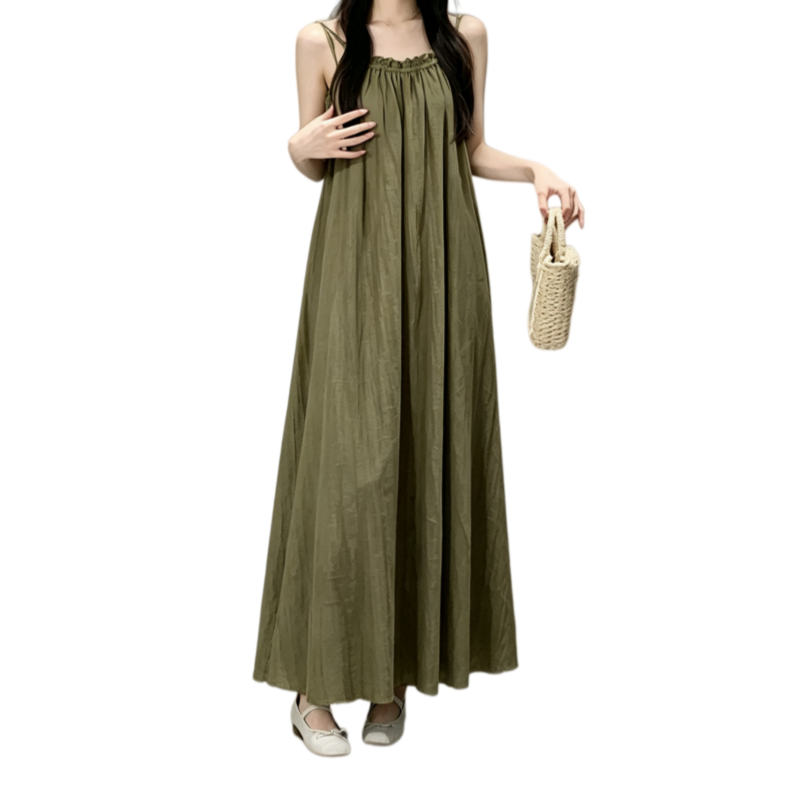 REINAREA | Women's thin spaghetti strap maxi slip dress | ruffled textured flowy vacation long dress