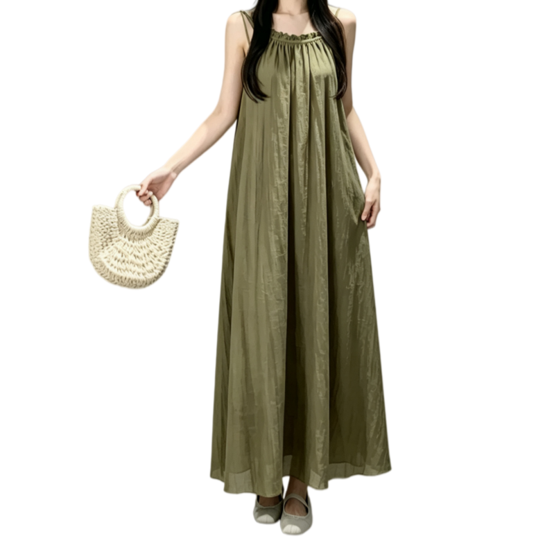 REINAREA | Women's thin spaghetti strap maxi slip dress | ruffled textured flowy vacation long dress
