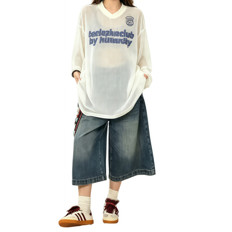 REINAREA | Vintage Mesh Jersey Top | Sheer V Neck Long Sleeve T-Shirt | Oversized American Retro Cover Up