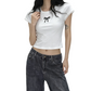 REINAREA | Women Lace Trim Crew Neck Crop T-Shirt | Bow Embroidery Slim Fitted Y2K Short Sleeve Top