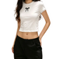 REINAREA | Women Lace Trim Crew Neck Crop T-Shirt | Bow Embroidery Slim Fitted Y2K Short Sleeve Top