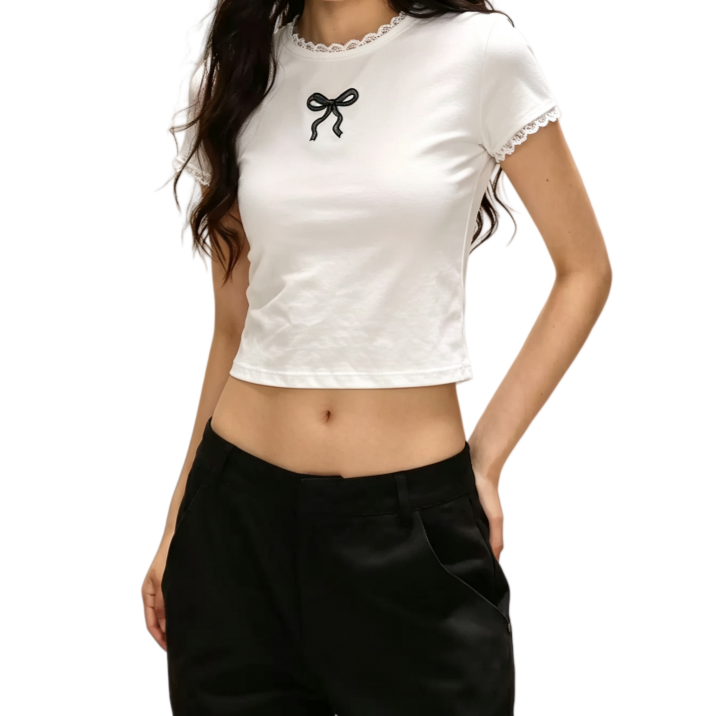 REINAREA | Women Lace Trim Crew Neck Crop T-Shirt | Bow Embroidery Slim Fitted Y2K Short Sleeve Top