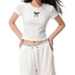 REINAREA | Women Lace Trim Crew Neck Crop T-Shirt | Bow Embroidery Slim Fitted Y2K Short Sleeve Top