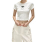 REINAREA | Women Lace Trim Crew Neck Crop T-Shirt | Bow Embroidery Slim Fitted Y2K Short Sleeve Top