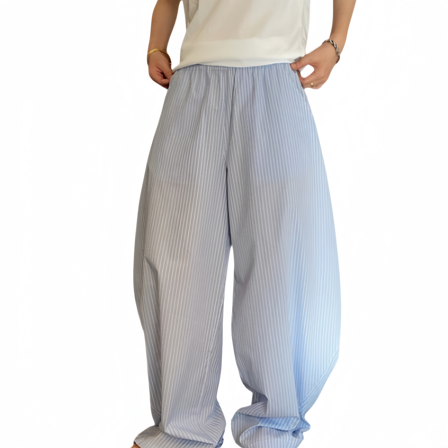 REINAREA | Men's Lightweight Blue Vertical Striped Barrel Pants | Summer Cotton Elastic Waist Baggy Wide Leg Casual Trousers