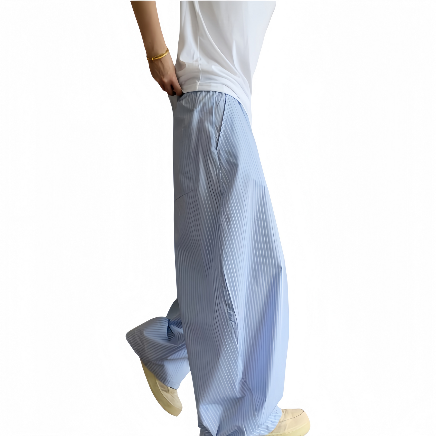 REINAREA | Men's Lightweight Blue Vertical Striped Barrel Pants | Summer Cotton Elastic Waist Baggy Wide Leg Casual Trousers