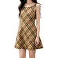 REINAREA | Women Vintage Brown Plaid Tie Shoulder Cami Mini Dress | Slim Waist A-Line Ruffle Hem Sleeveless Short Dress | Casual Retro Summer Dress