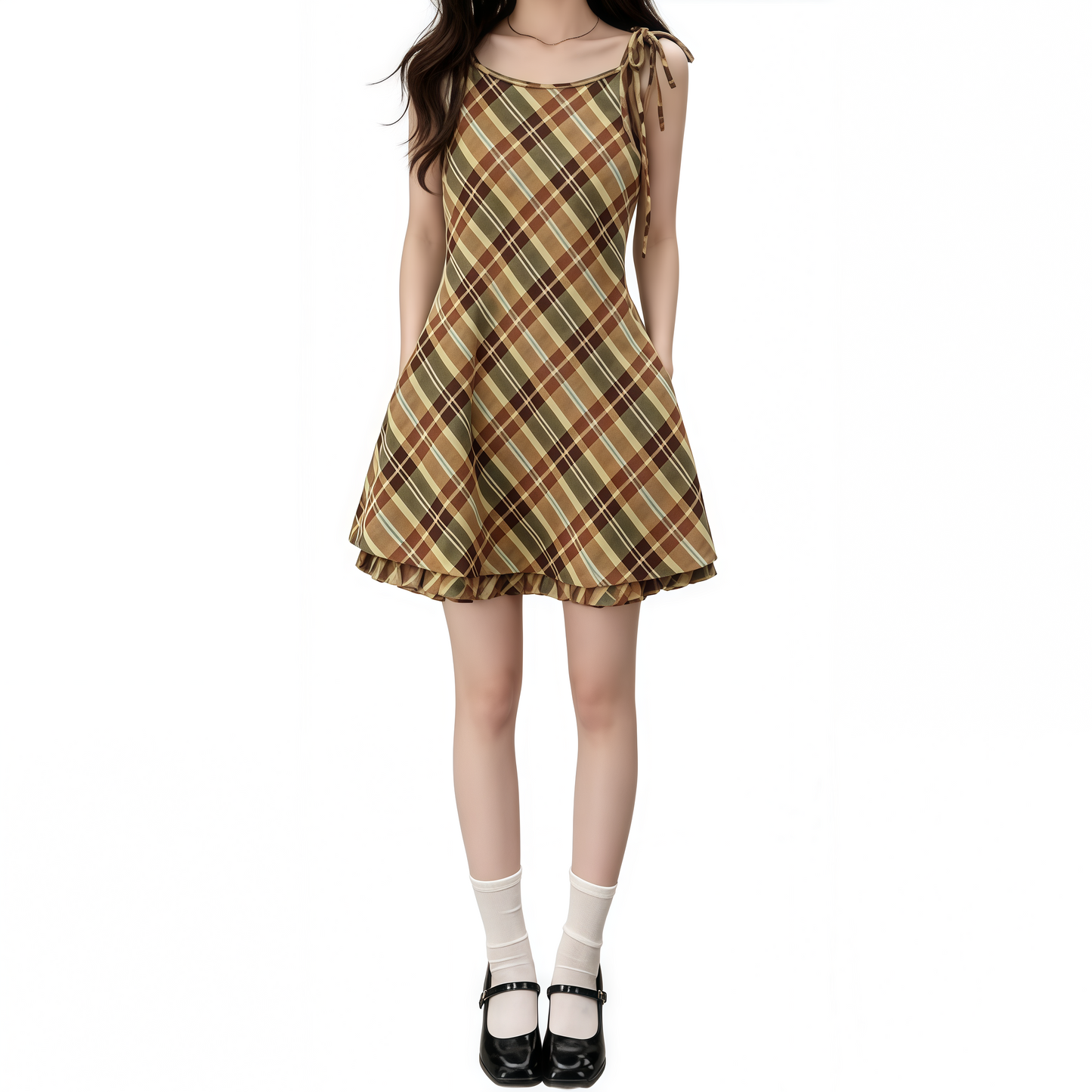 REINAREA | Women Vintage Brown Plaid Tie Shoulder Cami Mini Dress | Slim Waist A-Line Ruffle Hem Sleeveless Short Dress | Casual Retro Summer Dress