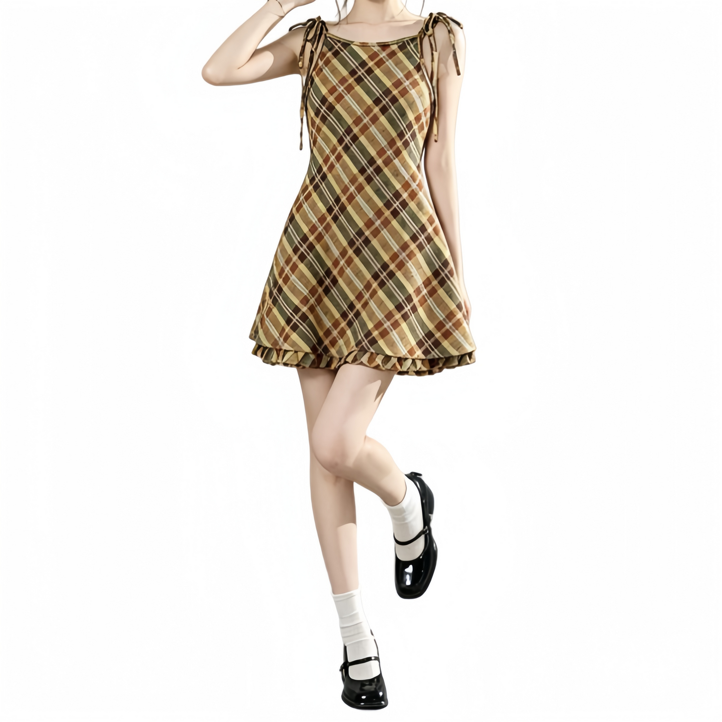 REINAREA | Women Vintage Brown Plaid Tie Shoulder Cami Mini Dress | Slim Waist A-Line Ruffle Hem Sleeveless Short Dress | Casual Retro Summer Dress