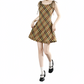 REINAREA | Women Vintage Brown Plaid Tie Shoulder Cami Mini Dress | Slim Waist A-Line Ruffle Hem Sleeveless Short Dress | Casual Retro Summer Dress