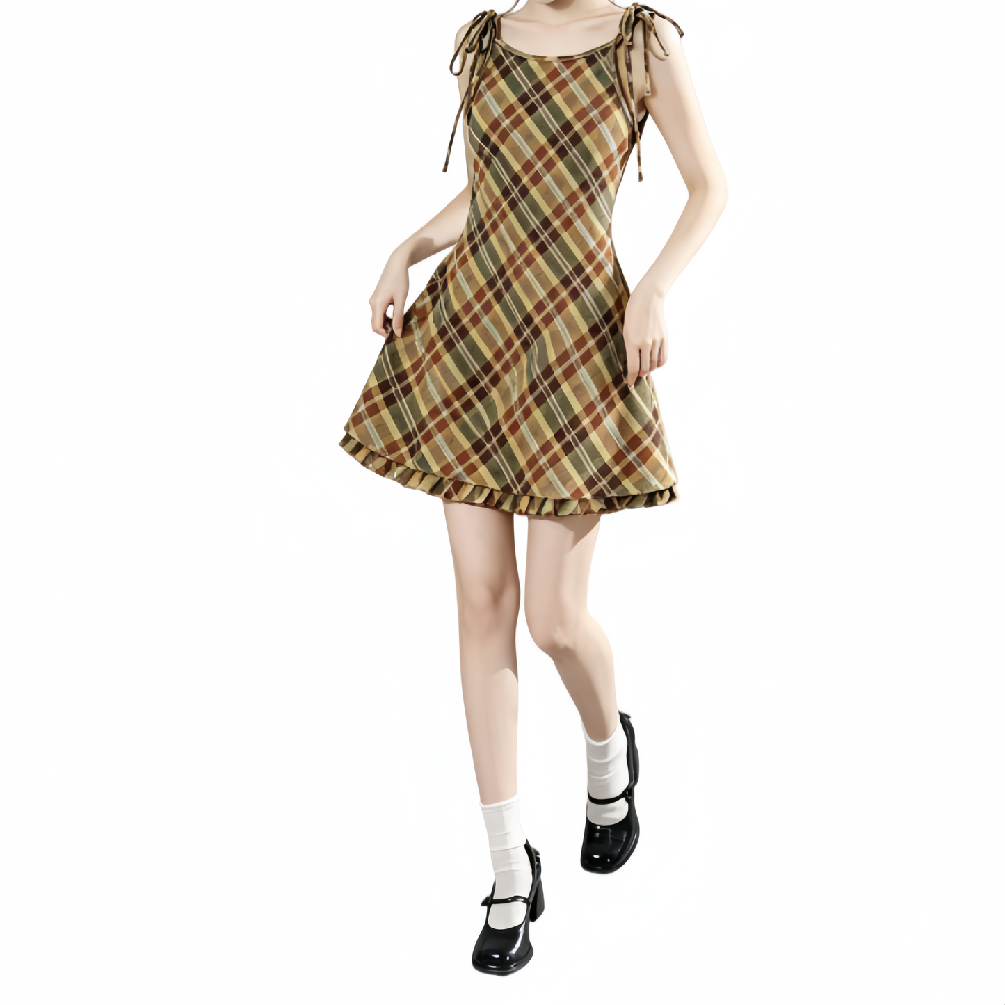 REINAREA | Women Vintage Brown Plaid Tie Shoulder Cami Mini Dress | Slim Waist A-Line Ruffle Hem Sleeveless Short Dress | Casual Retro Summer Dress