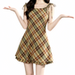 REINAREA | Women Vintage Brown Plaid Tie Shoulder Cami Mini Dress | Slim Waist A-Line Ruffle Hem Sleeveless Short Dress | Casual Retro Summer Dress