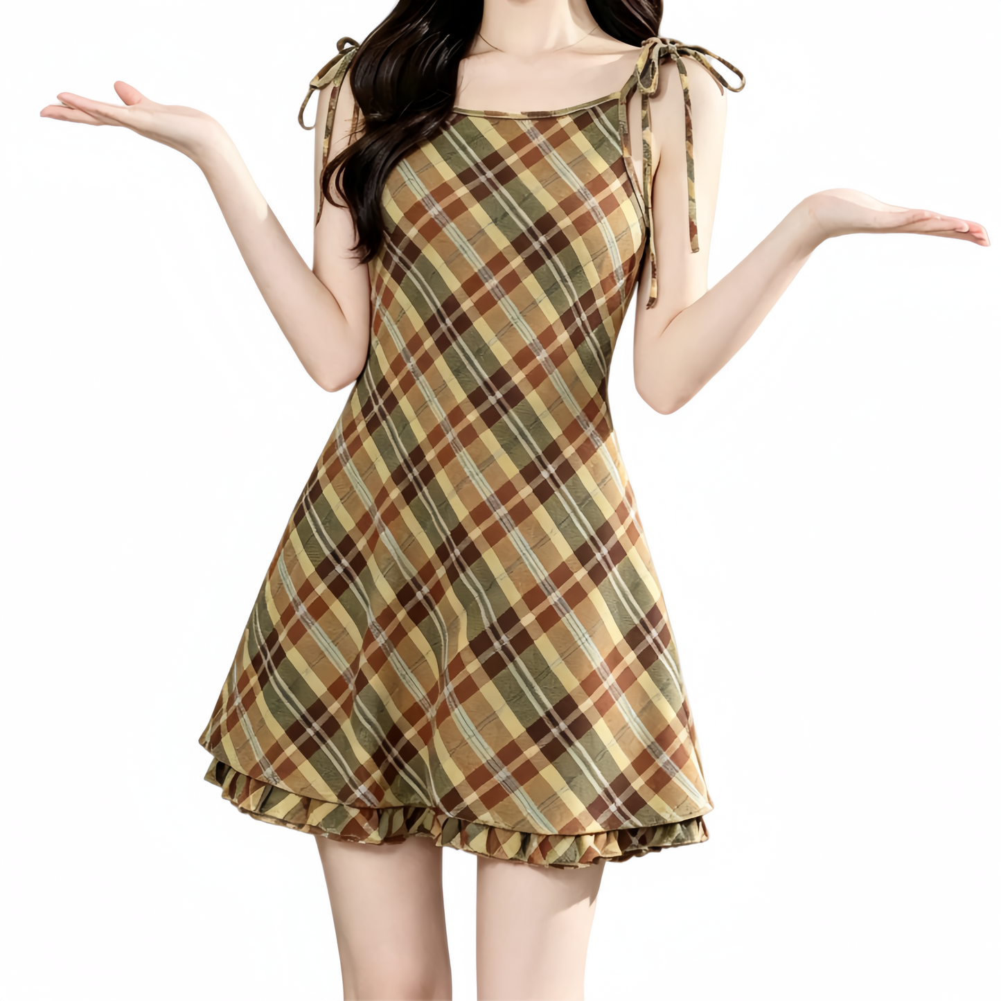REINAREA | Women Vintage Brown Plaid Tie Shoulder Cami Mini Dress | Slim Waist A-Line Ruffle Hem Sleeveless Short Dress | Casual Retro Summer Dress