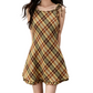 REINAREA | Women Vintage Brown Plaid Tie Shoulder Cami Mini Dress | Slim Waist A-Line Ruffle Hem Sleeveless Short Dress | Casual Retro Summer Dress