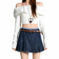 REINAREA | Women Y2K Denim Pleated Mini Skirt | Preppy Gingham Contrast Waist Low Rise Jean Skort With Belt
