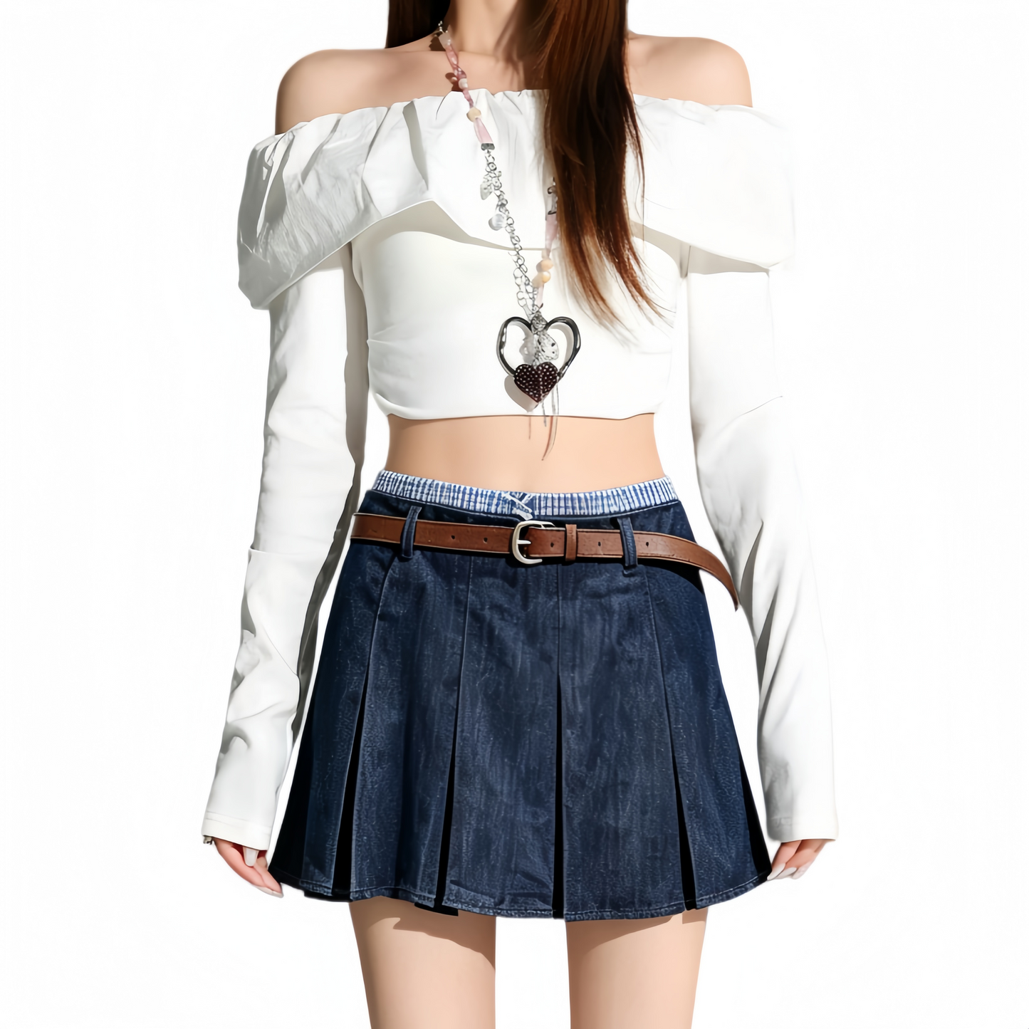 REINAREA | Women Y2K Denim Pleated Mini Skirt | Preppy Gingham Contrast Waist Low Rise Jean Skort With Belt