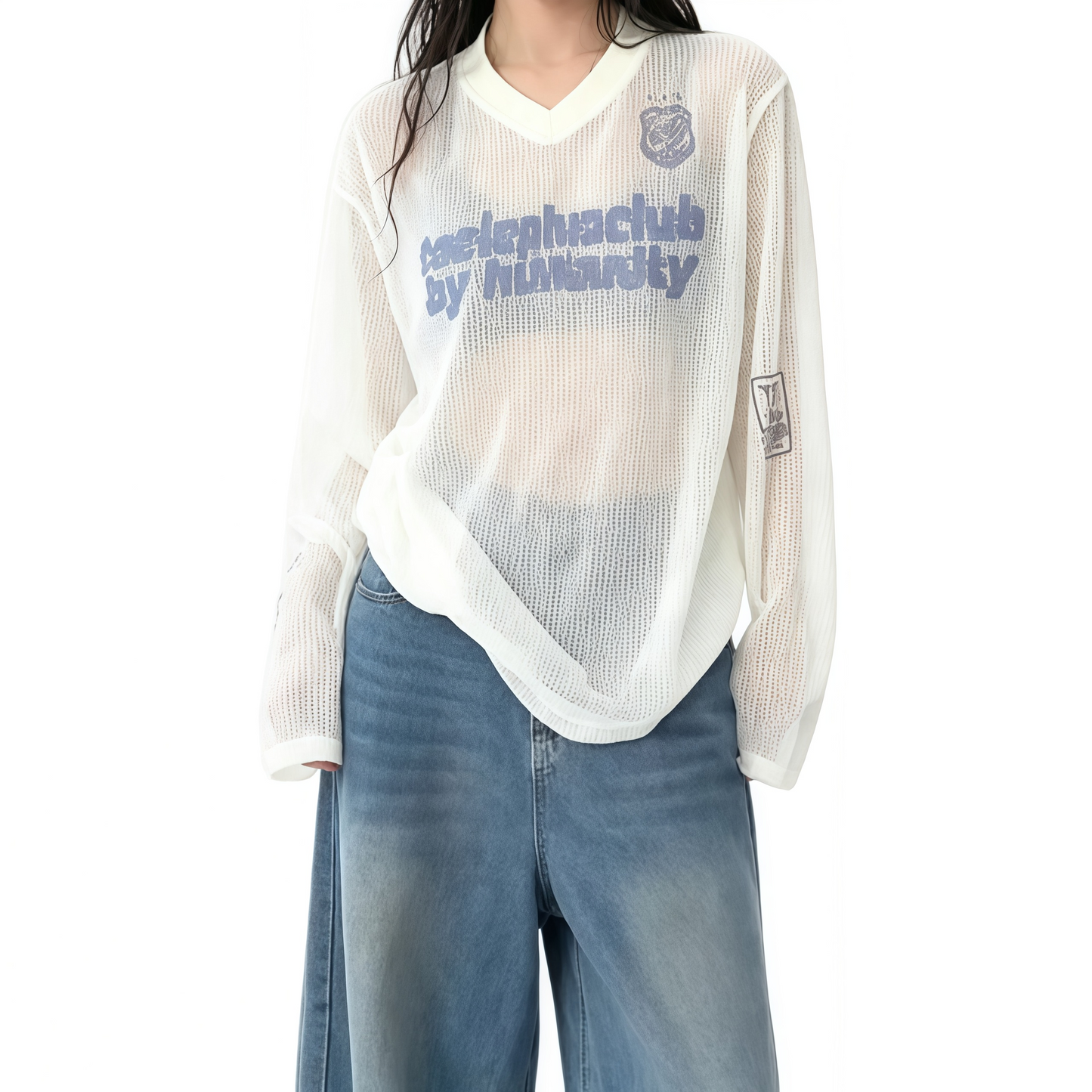 REINAREA | Vintage Mesh Jersey Top | Sheer V Neck Long Sleeve T-Shirt | Oversized American Retro Cover Up