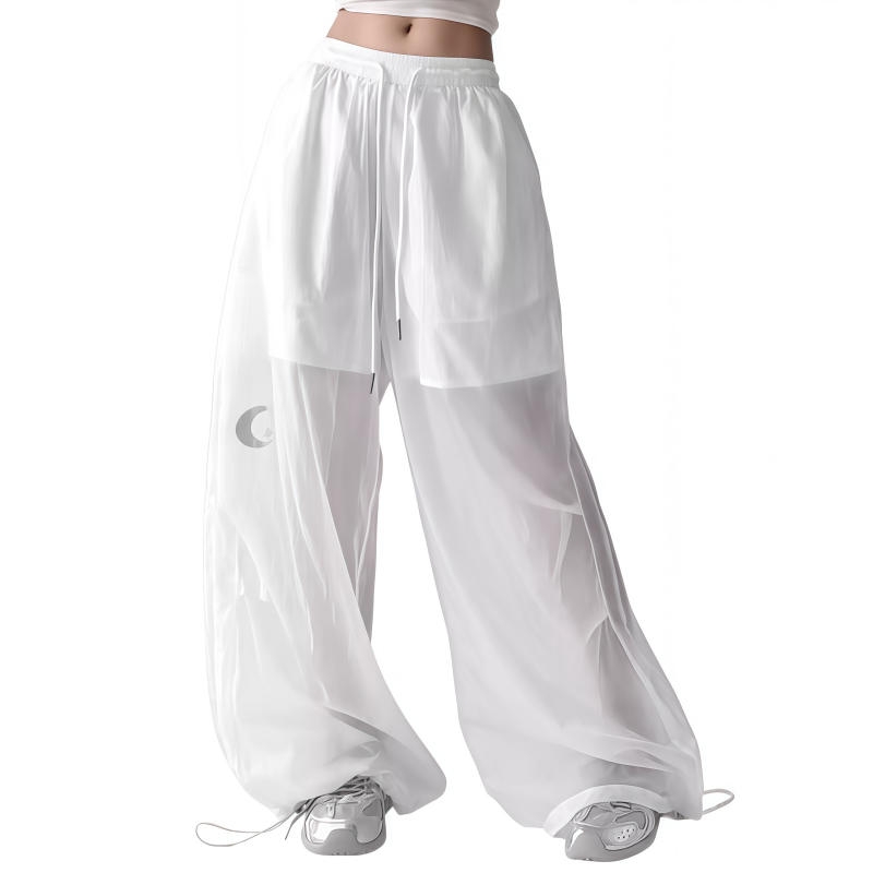 REINAREA | Y2K Sheer Wide Leg Cargo Pants | High Waist Drawstring Moon Star Print Pants | 2026 Summer Casual Trousers