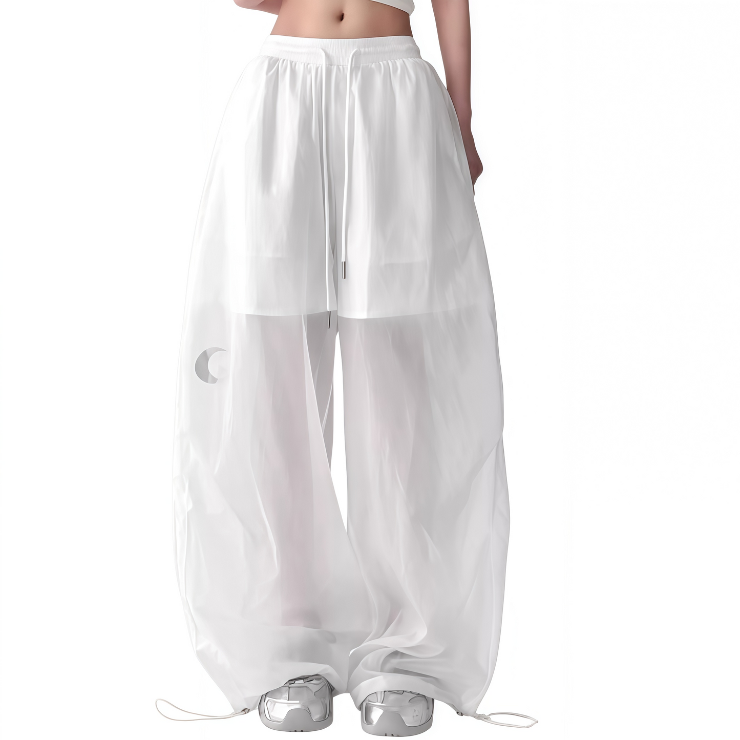 REINAREA | Y2K Sheer Wide Leg Cargo Pants | High Waist Drawstring Moon Star Print Pants | 2026 Summer Casual Trousers